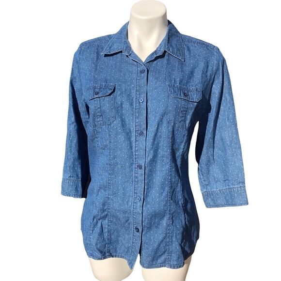 Apt 9 cotton chambray polka dot blouse roll tab sleeves size medium - Picture 1 of 9
